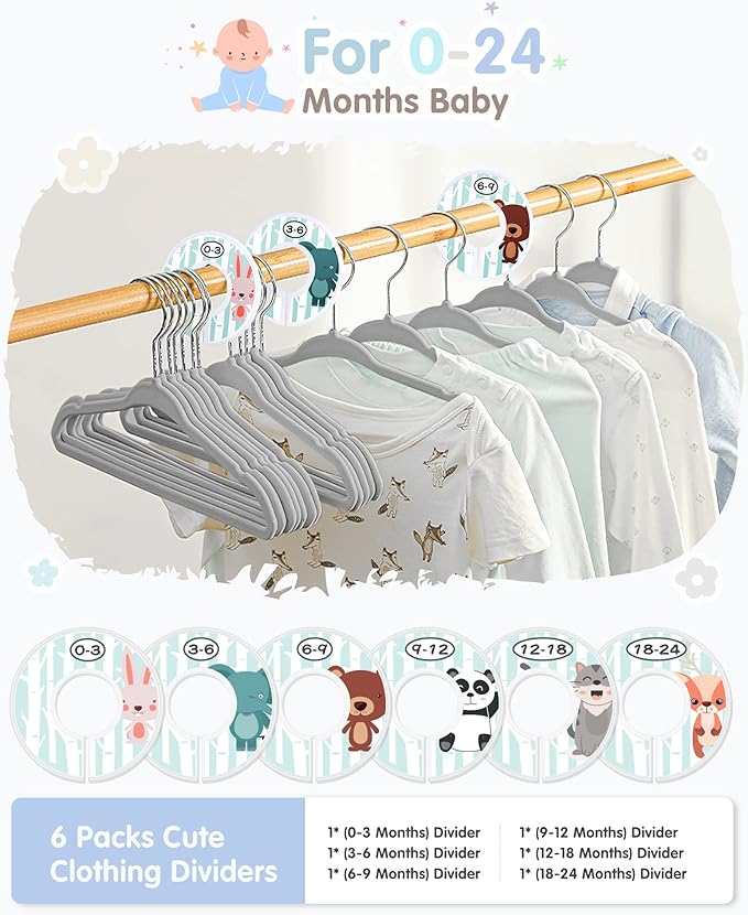 VIS'V Baby Hangers, 11 Inch Velvet Kids Hangers with 6 Pcs Clothes Size Dividers, Infant Toddler Nursery Closet Organization, Non Slip, Gray, 30 Pcs