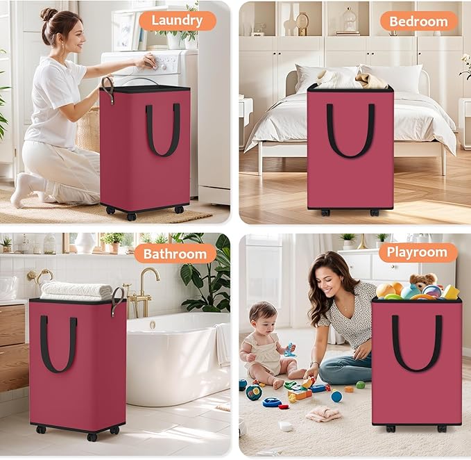 Laundry Basket with Wheels, Collapsible Laundry Baskets, Laundry Hamper with Handles Detachable Wheels, Rolling Laundry Basket, Dirty Clothes Hamper for Bathroom, Dorm, Bedroom, Red, 80L