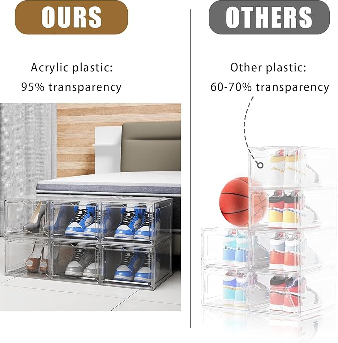 YIIHAA 12 Pack X Large Shoe Storage Box, hicken Sturdy Hard Plastic Clear Stackable Sneaker Shoe Rack for Size 12, Easy Assembly Storage Organizer, Holder Sneaker Container (Transparent, 6)
