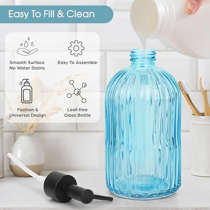 2 Pack Stripe Glass Soap Dispenser with Black Plastic Pump, 400ml Liquid Hand Soap Dispenser, Rustproof Pump for Kitchen & Bathroom, Great for Lotions, Essential Oil, Liquid Soaps- (Light Blue)