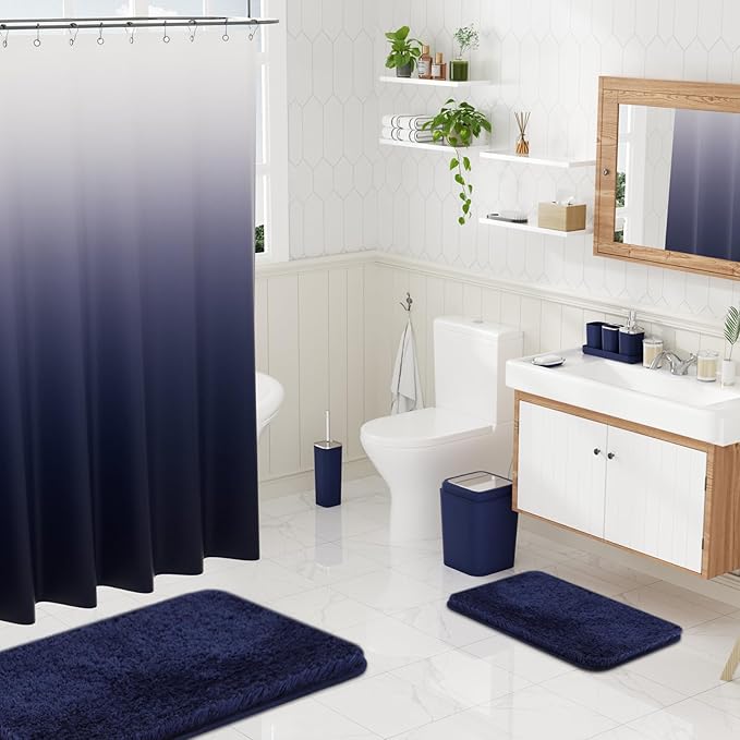 24PC Navy Blue Bathroom Set with Shower Curtain and Rugs, Blue Bathroom Sets Complete with Trash Can,Soap Dispenser,Soap Dish,Toilet Brush,Toothbrush Holder and Cup,Tray,Q-Tip Holders