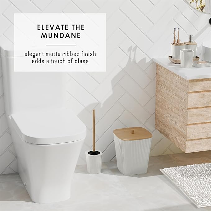 Clara Clark Bathroom Set - White Bathroom Accessories Set, 6PC Bathroom Accessory Set, Bathroom Sets with Bathroom Rugs, Adhesive Corner Shower Caddy Hanging, Toilet Brush, Trash Can & Soap Dispenser