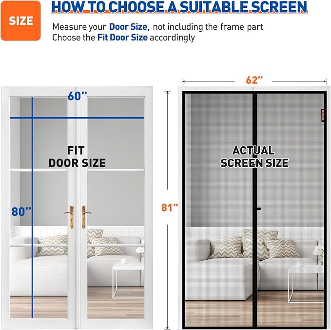 MAGZO Magnetic Screen Door Fit Door Size 60 x 80 Inch, Screen Size 62" x 81" Strong Magnet French Style Mesh, Heavy Duty Fiberglass Mesh with Hook & Loop for Sliding Entrance, Gray