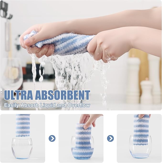 Homaxy Kitchen Towels(12 Pack, 10 x 20 inches), Ultra Soft and Absorbent Dish Towels, Reusable Fast Drying Microfiber Cleaning Cloth, Coral Velvet Wave Design No-lint, Blue
