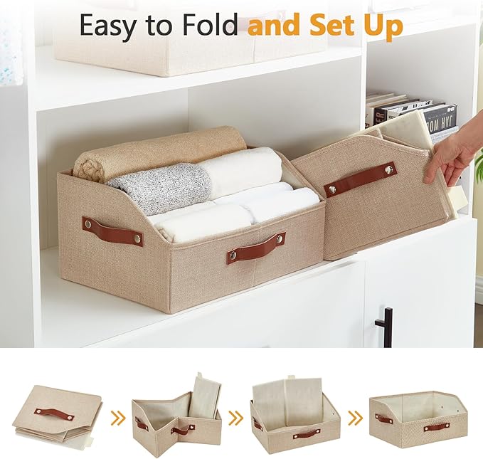Closet Organizers and Storage, Linen Trapezoid Storage Bins with Handles, Collapsible Shelf Organizer for Blanket, Towel, Clothes, Hats, Purse (Khaki)