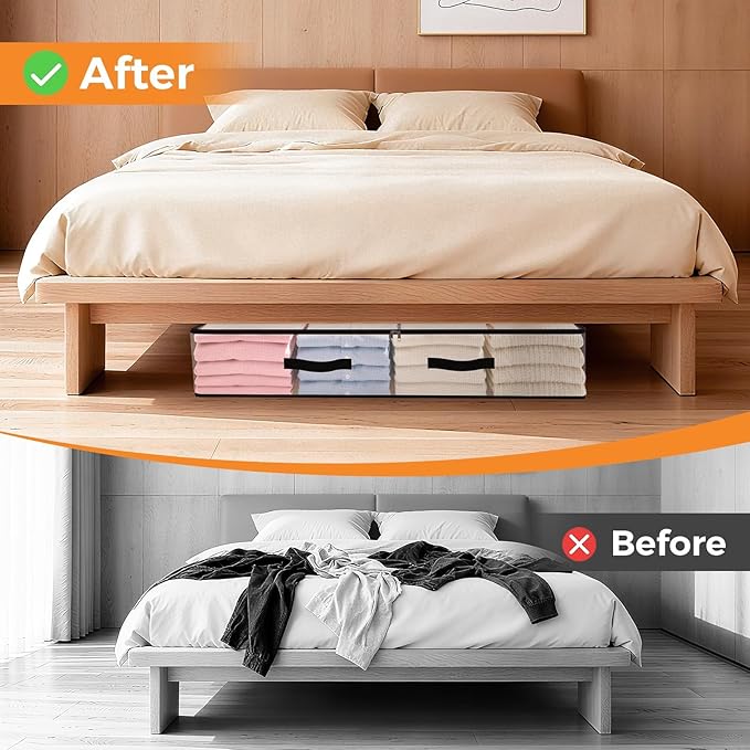 6 Pack Under Bed Storage Bags, 90L Foldable Clear Storage Containers with Handles, Dual Zippers for Comforter, Clothes, Bedding, Linen Sheets, Sweaters, Blanket Storage