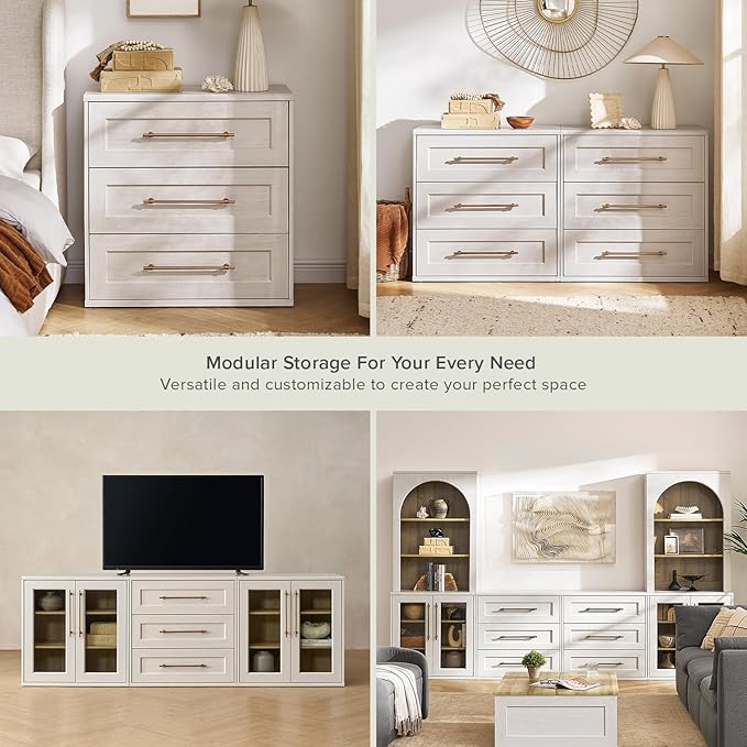 mopio Blake 3 Drawer Dresser for Bedroom, Chest of Drawers, Wood Dresser Organizer, Modern Farmhouse, Tall Night Stand, Enhanced Safety, Sturdy Compliant (White Oak, Set of 2)