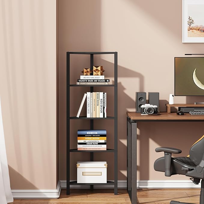 TUTOTAK Corner Shelf, 5-Tier Corner Bookshelf for Small Space, Narrow Display Corner Shelf Stand with Storage Rack, for Living Room, Bedroom, Black BS05BK005