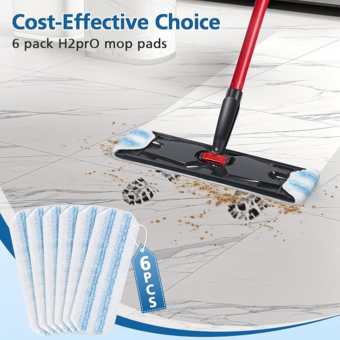 6 Pack H2prO Mop Pads Compatible with O Ceda H2PrO Flat Mop System, 100% Microfiber Mop Head Replacements, Washable and Reusable for H2prO Mop Refills, White
