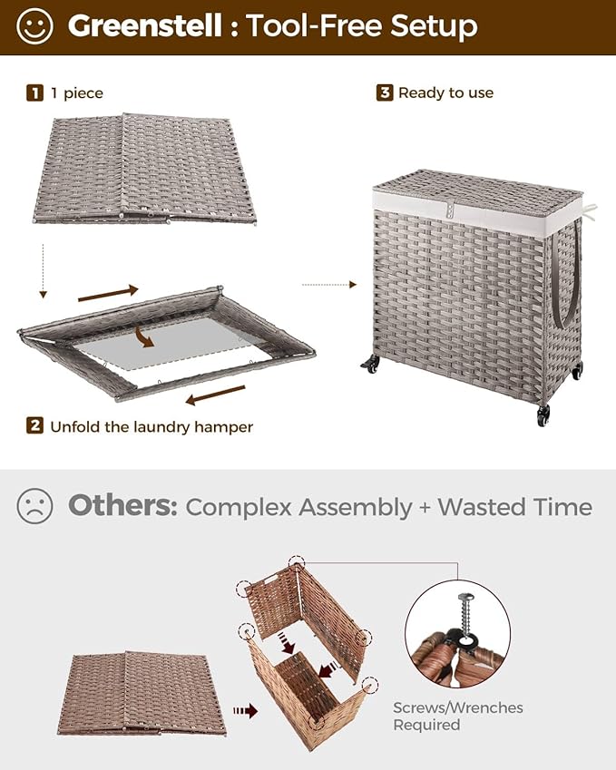 GREENSTELL Laundry Hamper with Wheels&Lid, 130L Large 3 Sections Clothes Hamper with 2 Types Removable Liner Bags, 5 Mesh Laundry Bags, Handwoven Divided Laundry Basket Gray