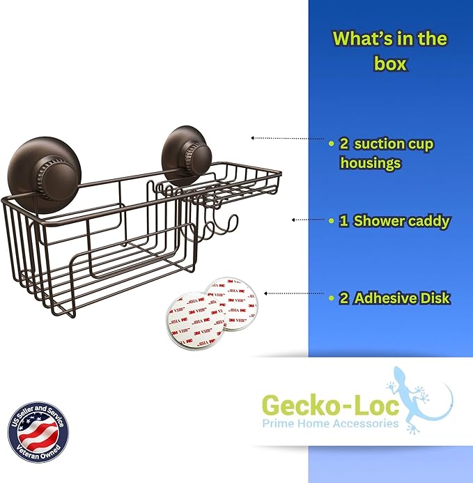 Gecko-Loc Large Combo suction cup wall mount bathroom shower caddy - shampoo storage basket shelf organizer caddie bath shelves - Bronze