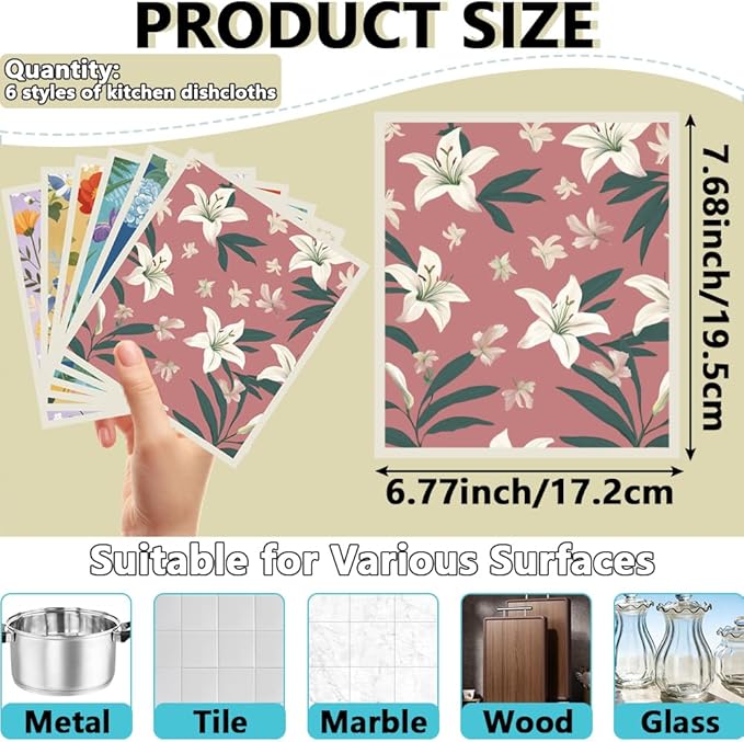 6Pcs 6 Styles Swedish Dish Cloth Floral Reusable Quick Drying Sponge 7.7 x 6.8 Inch for Kitchen Countertop Cleaning, Swedish Dishcloths Bulk Absorbent Towels for Dishes Home Tableware Use