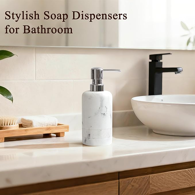 Resin Soap Dispenser Sets, 2 Pcs Heavy Lotion Dispensers,10.8oz Refillable Liquid Soap Dispensers with Rust-Proof Pump for Bathroom Countertop or Kitchen, Artificial Marble White