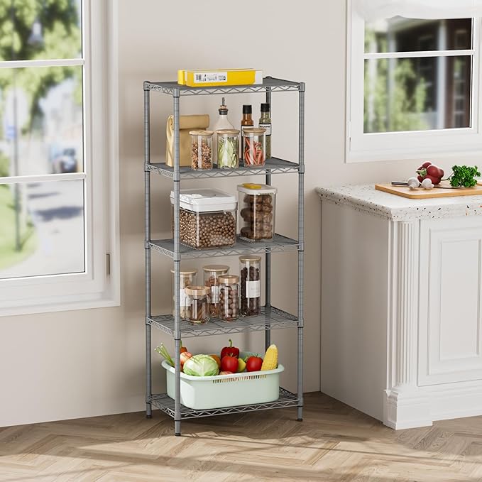 SINGAYE 5 Tier Storage Garage Shelving Units Heavy Duty Wire Shelves Pantry Metal for Pantry Closet Kitchen Laundry Bathroom Organizers Shelf Home Shorage Gray