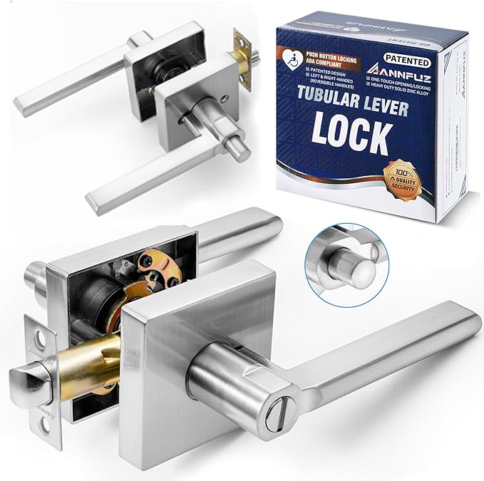 Privacy Push Button One-Touch Locking Interior Door Handle Without Key,Non-Handed Opening,Reversible Left Right Door Konb, ADA-Compliant,Keyless Lever Door Lock for Bathroom,Bedroom