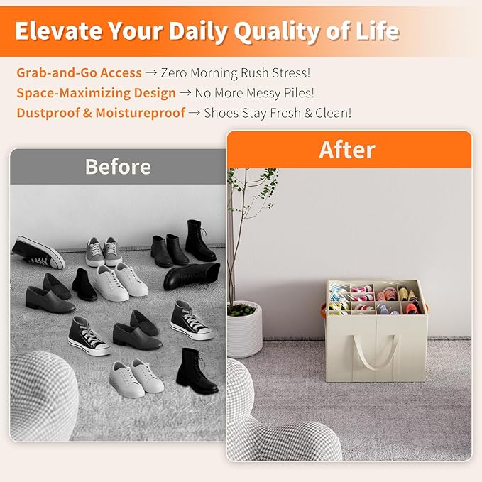 Aokeyee 2 Pack Shoe Organizer for Closet, Foldable Shoe Storage Organizer Box w/Clear Cover and Reinforced Handles, Space Saving Shoes Bin Fits up to 32 Pairs, Beige