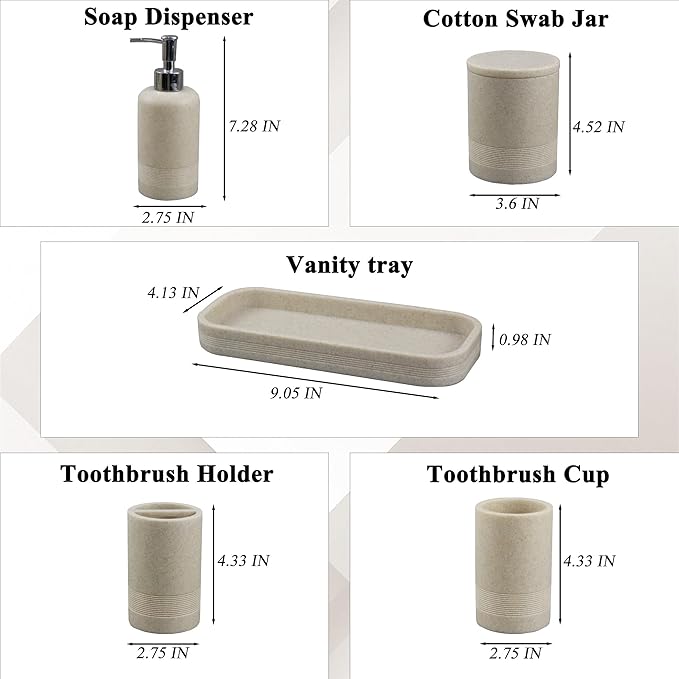 6-Piece Bathroom Accessories Set, Bathroom Accessory Set with Soap Dispenser, Toothbrush Holder Set, Vanity Tray, Tumbler & 2 Cotton Swab Jars, Modern Stylish Bathroom Organizer(Beige)