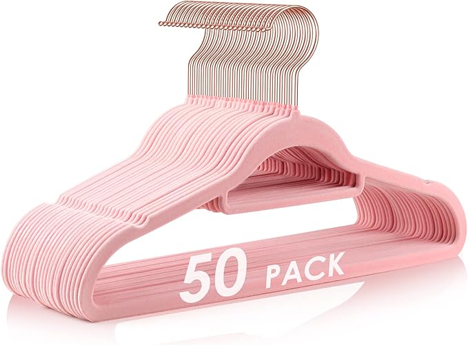 Velvet Hangers Non Slip Felt Hangers, 50 Pack Pink Velvet Clothes Hangers Space Saving Slim with 360 Degree Swivel Hook for Suits Coats, Jackets, Pants, and Dress Clothes