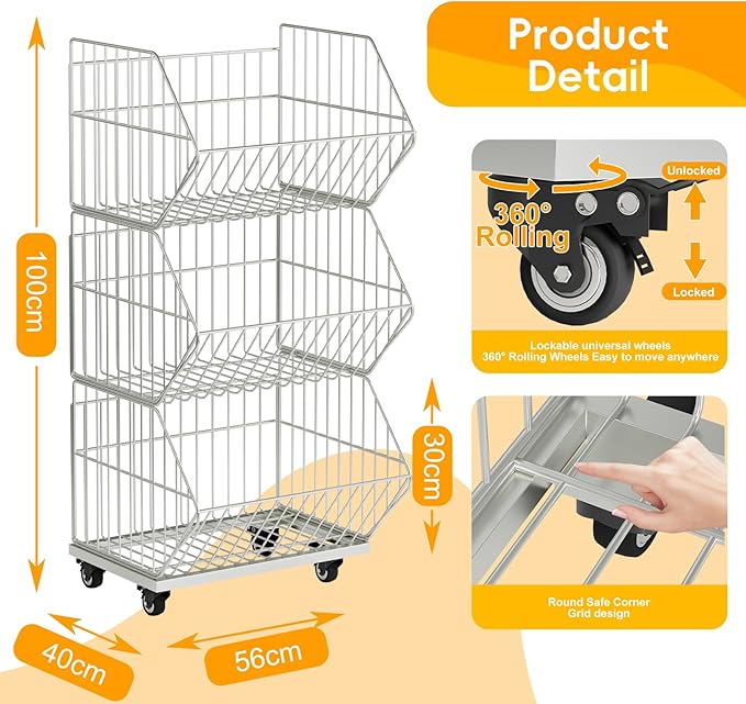 Standing Shelf Units, Wire Storage Basket with Wheels, Detachable and Foldable and Stackable to Save Space, Weight Capacity and Durable Racks/Organizer, for Kitchen Garage Closet (3 Tier)