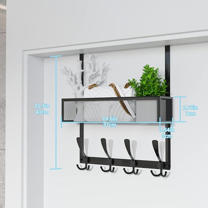 Kaiferty Over The Door Hooks Organizer,Over Door Hanger Towel Rack Mesh Basket with 12 Hooks,Back of Door Storage Organizer for Bedroom,Bathroom,Kitchen,Office(Black)