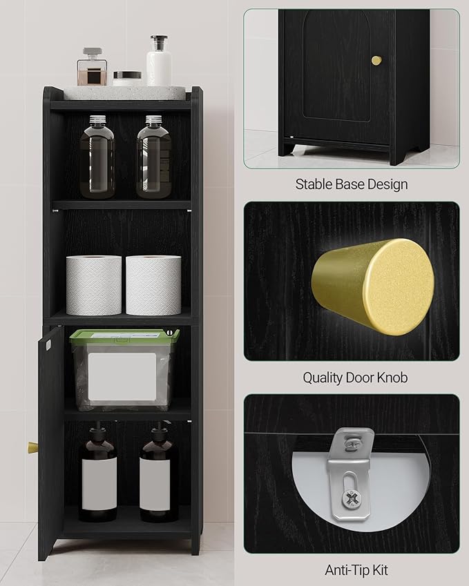 Bathroom Storage Cabinet, Corner Floor Cabinet with Doors and Adjustable Shelf, Narrow Toilet Paper Cabinets, Bathroom Organizer for Small Spaces, Black BC29704X