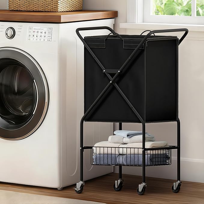 Laundry Basket with Wheels:88L Rolling Laundry Cart Foldable Metal Frame Dirty Clothes Laundry Hamper 36"H 4 Caster 2 Brake Waterproof Removable Liner Carry Handle for Dorm Laundry Room,Black