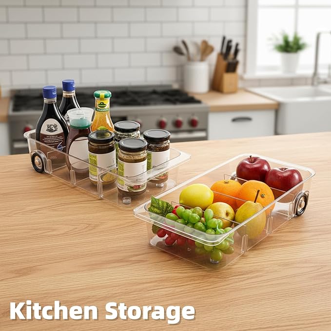 2 Pack Refrigerator Organizer Bin with Wheels, Roll Out Pantry Storage with Dividers, Clear Plastic Refrigerator Drawer, Upgrade Thick Fridge Caddy for Under Sink, Kitchen Organization