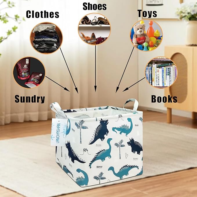 LANGYASHAN Square Storage Baskets Waterproof Canvas Children Laundry Nursery Hamper for Shelves Gift Baskets Toy Organizer Room Decor (Square Dinosaur)
