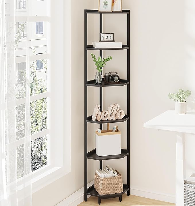 Corner Shelf Stand, Corner Bookshelf, Storage Standing Shelf Unit with Metal Frame, Plant Stand, Bookcase for Living Room, Home Office, Bedroom, 6-Tier Black CS06006B