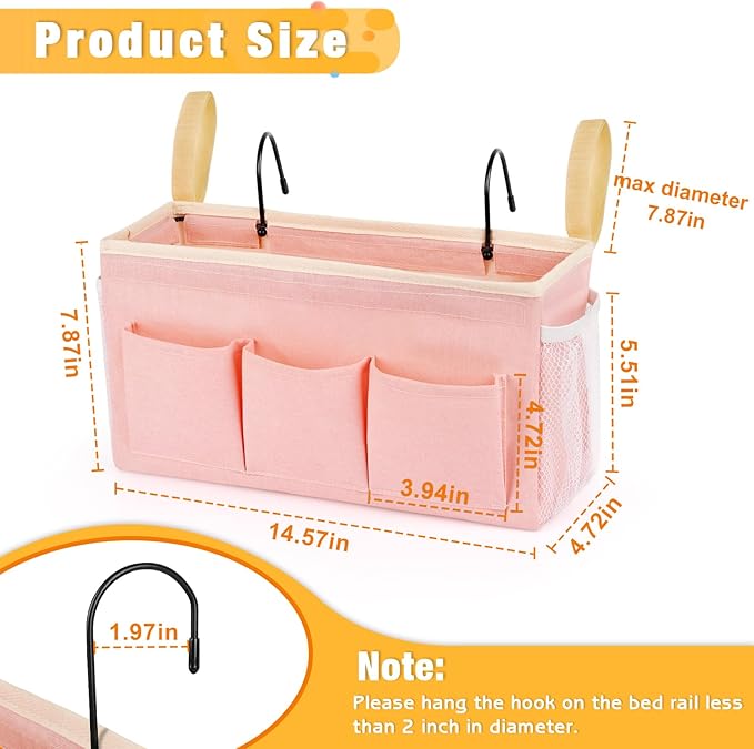 Lilithye Bedside Caddy Bedside Organizer Bedside Storage Caddy with Fixed Straps and Water Bottle Holder for Home College Dorm Bunk Bed Hospital Bed Crib Bed Rails (2pcs Pink)