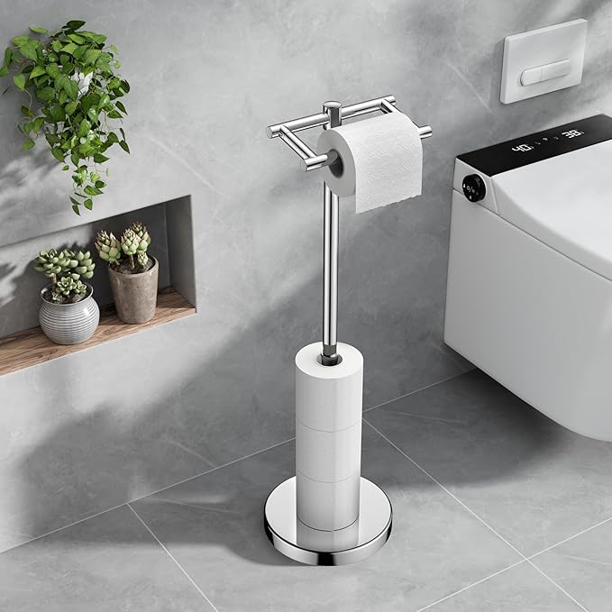 Toilet Paper Holder Stand Adjustable, Freestanding Tissue Roll Holder for Bathroom, Pivoting Design, Durable SUS 304 Stainless Steel and Weighted Base Toilet Paper Stand, Storage (Chrome)