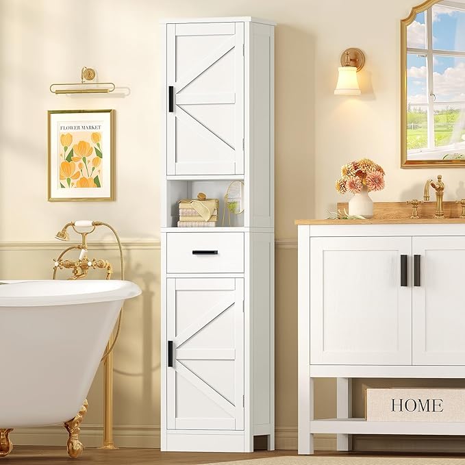 TEENFON 67" H Bathroom Storage Cabinet with Barn Doors & Adjustable Shelves, Bathroom Cabinet with Drawer, Narrow Bathroom Storage Unit, Floor Cabinets for Living Room, Kitchen, White UNSNG091W