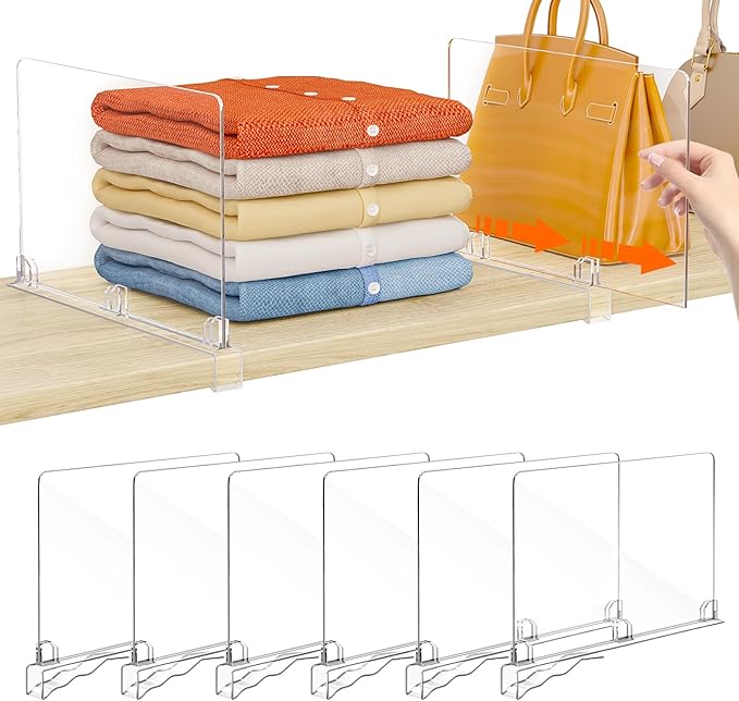 Fixwal 6 PCS Detachable Acrylic Shelf Dividers for Closet Organization Clear Shelf Divider for Closet Organizers and Vertical Purse Organizer for Closet, Bedroom, Kitchen, Office, Cabinets, Bathroom