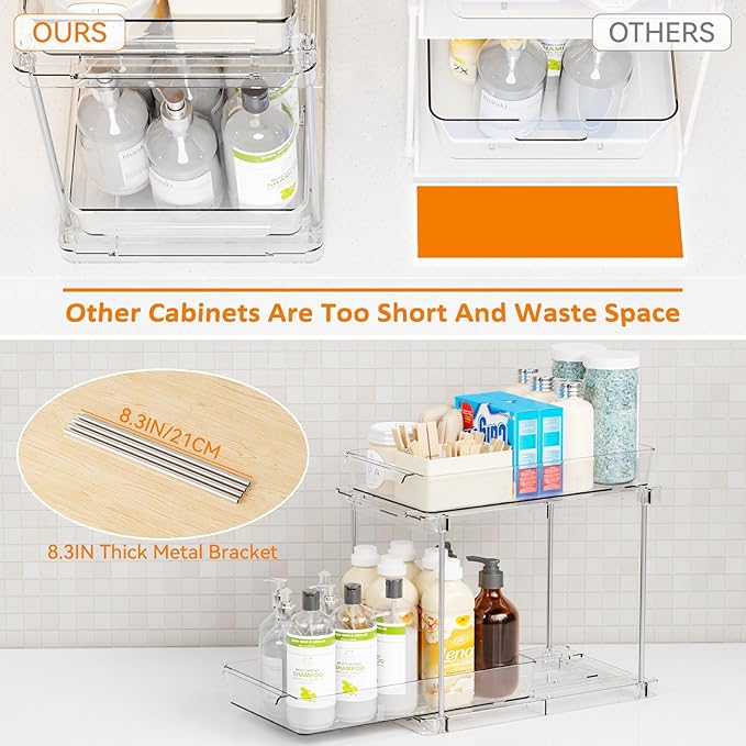 Yieach 4 Pack Under Sink Organizers and Storage,Clear Acrylic Bathroom Organizer and Cabinet Organization for Makeup,Medicine,Two Tier Pull Out Cabinet Organizer Drawers for Pantry,Vanity Storage Bins