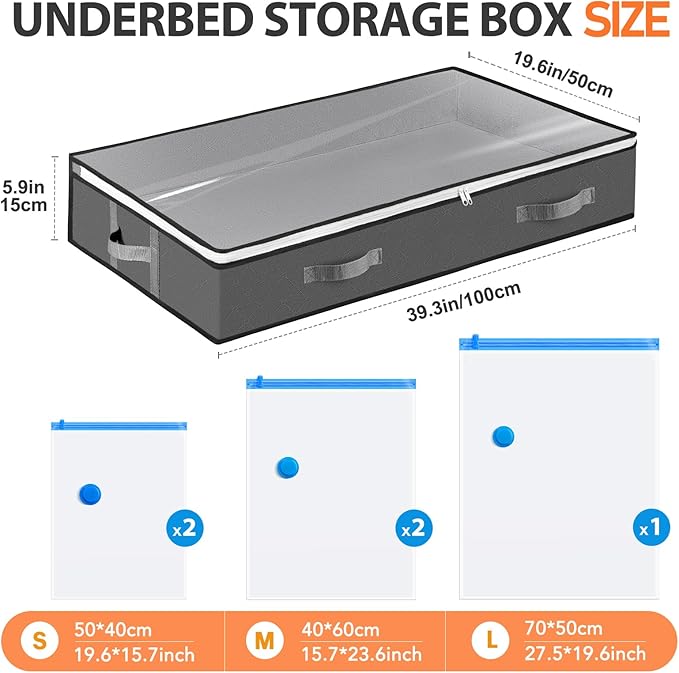 4 Pack Under Bed Storage Containers with Window and Handles, 5 Pack Vacuum Storage Bags for Clothes Comforters Blankets, Save Space