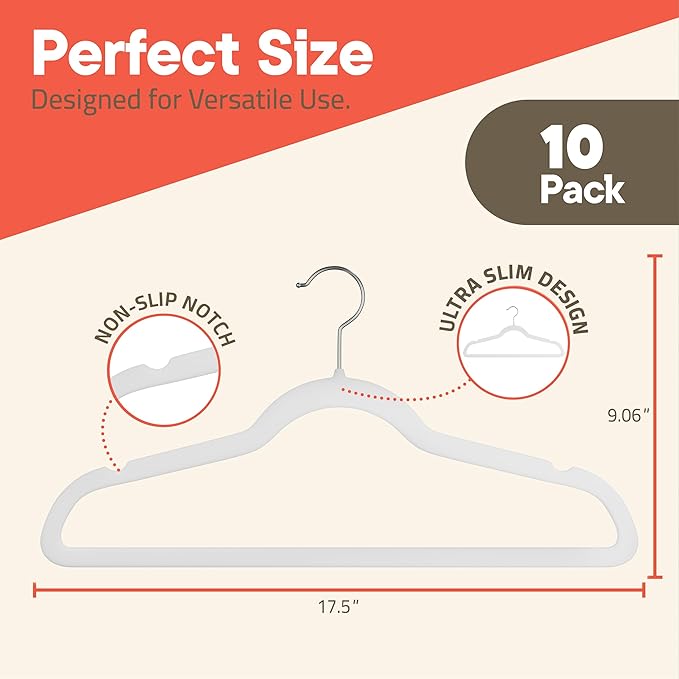 White Velvet Hangers 10 Pack – 360° Swivel Hook, Non-Slip and Space Saving Hangers, Heavy-Duty 11 lbs Weight Capacity - Smooth Velvet Finish for Crease-Free Clothes and Effortless Closet Organization