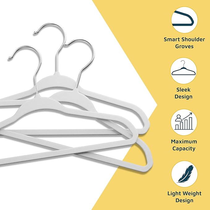 White Velvet Kids Hangers 100 Pack, 10.83" Non-Slip Baby & Toddler Hangers for Clothes, Space-Saving Slim ABS Plastic with 360° Swivel Hook & Notched Shoulders, Up to 10 lb Capacity