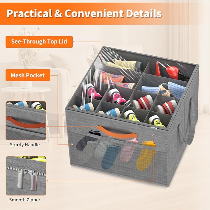 Aokeyee 2 Pack Shoe Organizer for Closet, Foldable Shoe Storage Organizer Box w/Clear Cover and 4 Reinforced Handles, Space Saving Shoes Bin Fits up to 32 Pairs, Grey
