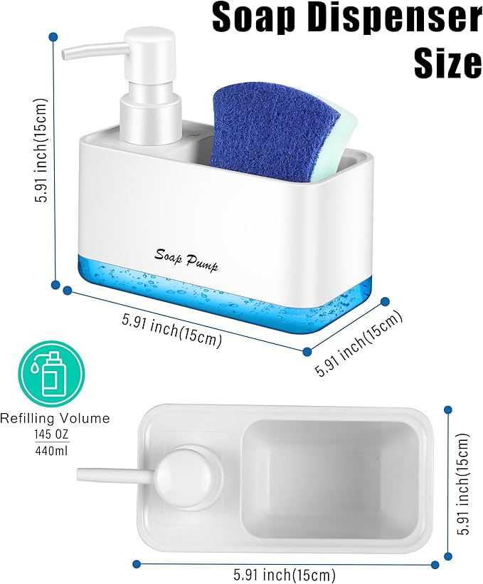 Dish Soap Dispenser with Sponge Holder, 2-in-1 Countertop Small Soap Dispenser for Kitchen and Bathroom, Multi-Scene for Dish Soap, Hand Soap, Lotion, Body Wash (White)