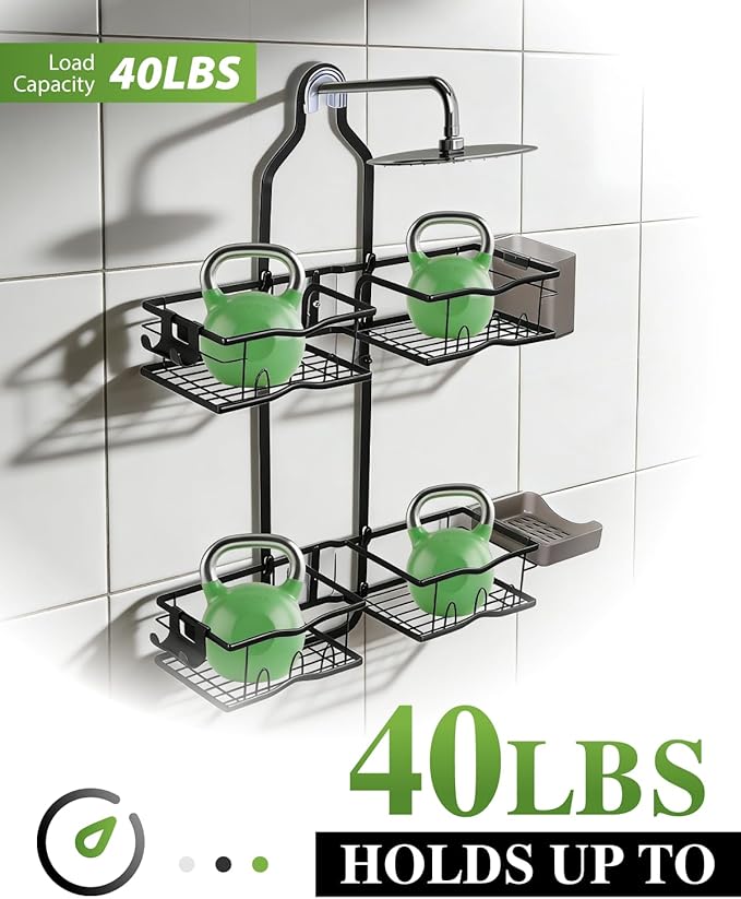 Shower Caddy Hanging – Rustproof Shower Organizer Hanging for Inside Shower – Over the Showerhead Rack with Soap Holder & Razor Hooks, No Drilling Bathroom Shower Shelves and Storage, Black
