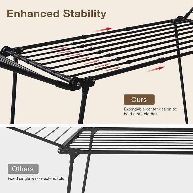 YUBELLES Expandable Clothes Drying Rack, Gullwing Laundry Drying Rack, Space-Saving, Towels, Linens, Indoor, Outdoor Black