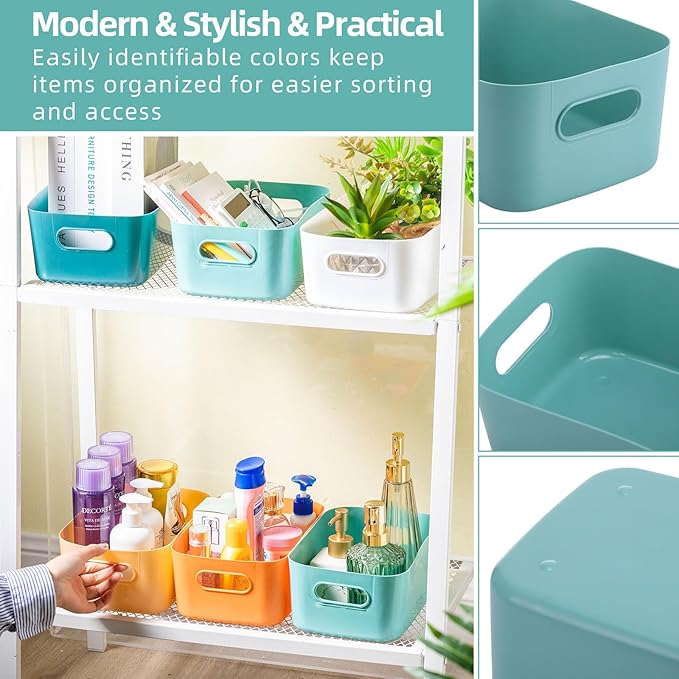 Wenqik 12 Pcs Plastic Storage Bins Storage Basket with Handles Toy Organizers and Storage Containers for Home Cupboard Kitchen Office Bathroom Pantry Organization Box(Bright, 9.6 x 6.3 x 3.9 Inch)