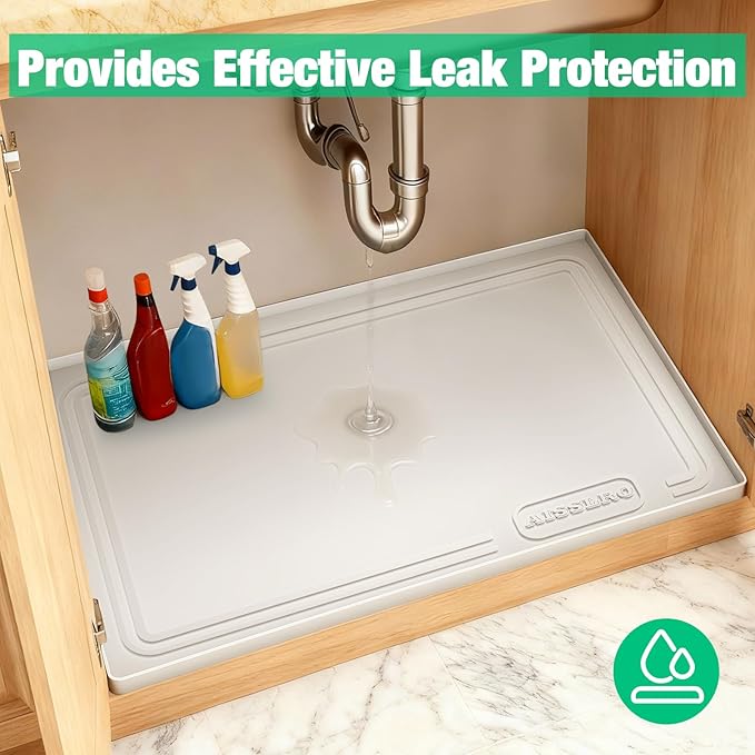 Aisslro Under Sink Mat 22" X 19", Waterproof Silicone Cabinet Organizer Protector with Raised Edge, Kitchen & Bathroom Leak Tray, Shelf Liner & Pet Feeding Mat for Dog Cat Food Mats, Beige