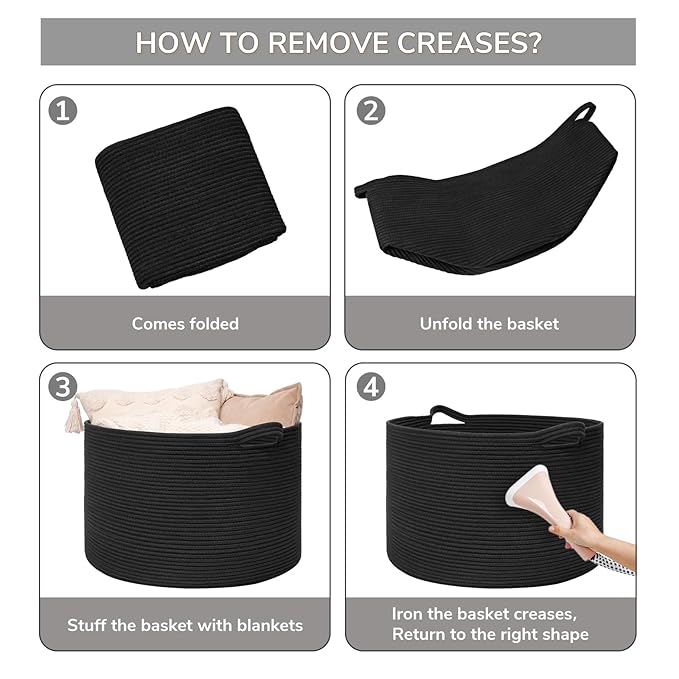 Goodpick Large Blanket Basket, 22"X 14" Woven Rope Baby Basket, Black Blanket Storage for Dirty Clothes, Kids Toy Storage Organizer Bins for Living Room
