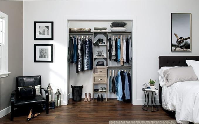 ClosetMaid SuiteSymphony Wood Closet Organizer Kit with Tower, 3 Hang Rods, Top Shelves, 2 Drawers, Adjustable, Fits Spaces 5-9 ft. Wide, Graphite Grey