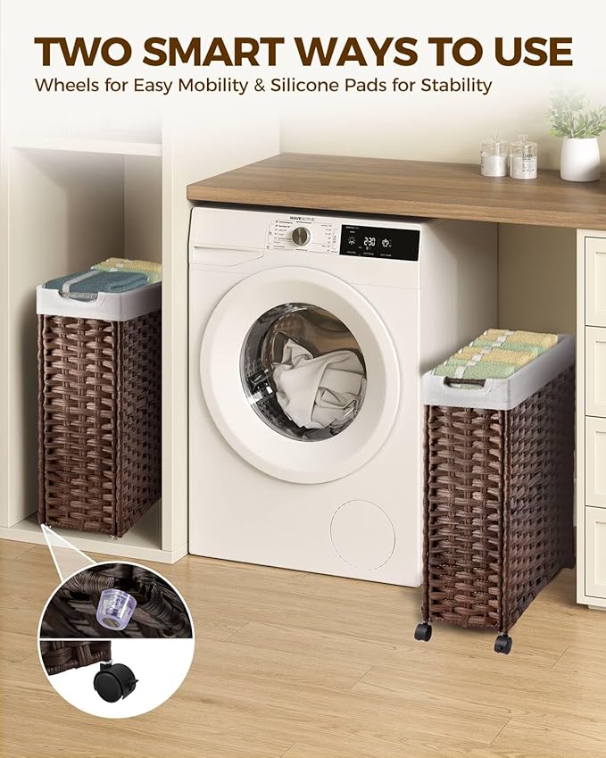 Greenstell Laundry Hamper with Wheels, 11.9 Gallon (45L) Small Clothes Hamper with 2 Removable Liner Bags & 2 Mesh Bags, Slim Rattan Laundry Basket for Bathroom, Bedroom, Brown