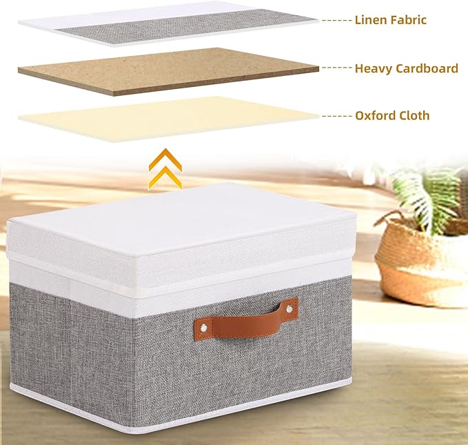 YheenLf Storage Baskets with Lids, Closet Organizer Boxes, Foldable Shelves Storage Bins with Handles, White and Grey, 3 Pack, 13 x 9.1 x 7.9 Inch