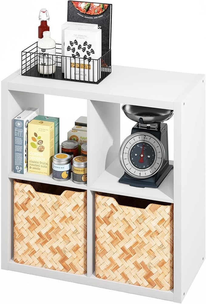 Furinno HERMITE Kitchen Island, 4-Cube Coffee Bar, Extra Thick Kitchen Storage, Bakers Rack, for Pantry Organizers and Storage, Kitchen Organization, White