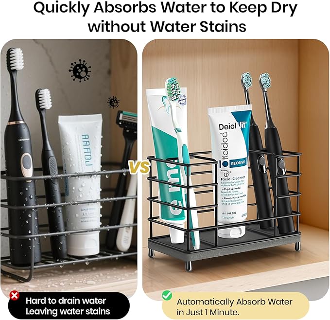 Toothbrush Holder with Quick Drying Mat—Toothbrush and Toothpaste Holders for Bathrooms—5 Slots Openwork Design Black Toothbrush Holder Set,Bathroom Counter Organizer for Electric Toothbrush