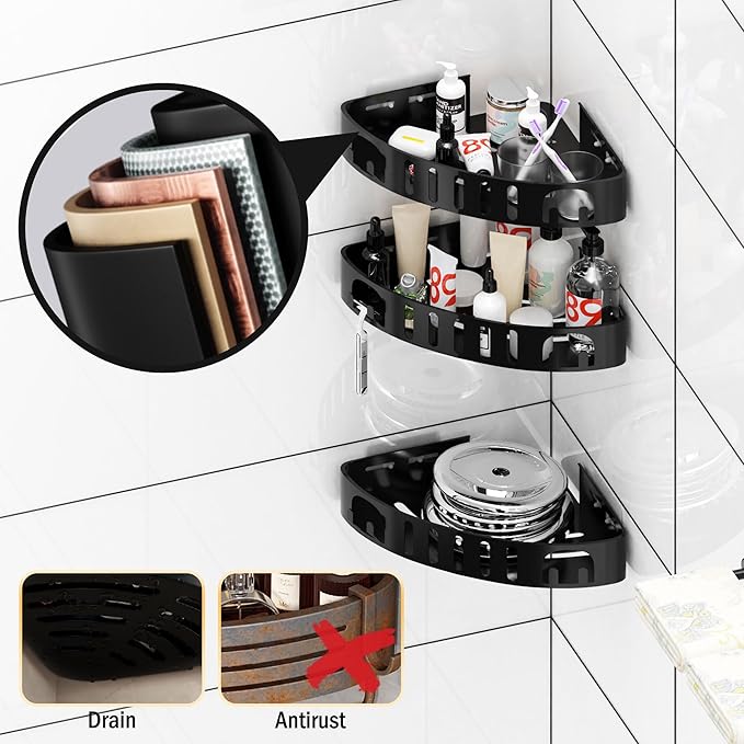 Adhesive Corner Shower Shelf No Drill | Rust-Proof Aluminum Alloy Stick On Bathroom Organizer with Shaving Holder for Shampoo, Conditioner, Soap, Razors Black 2Pack